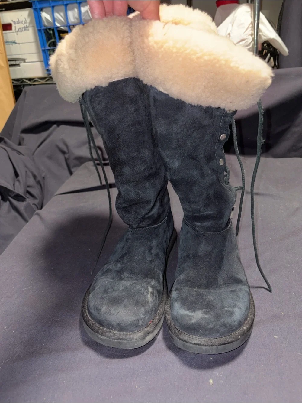 UGG Black Suede Tall Winter Boots with Cream Shearling Cuff